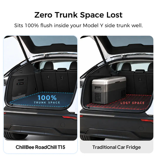 RoadChill T15 hidden car fridge for Tesla Model Y compared with a trunk floor cooler