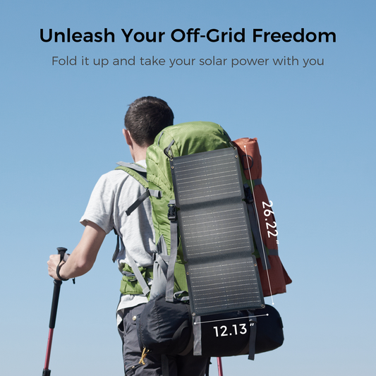 Solar Panel X30 foldable solar panel attached to a hiking backpack