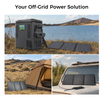 Solar Panel X30 portable solar panel with a backpack fridge at a lakeside campsite